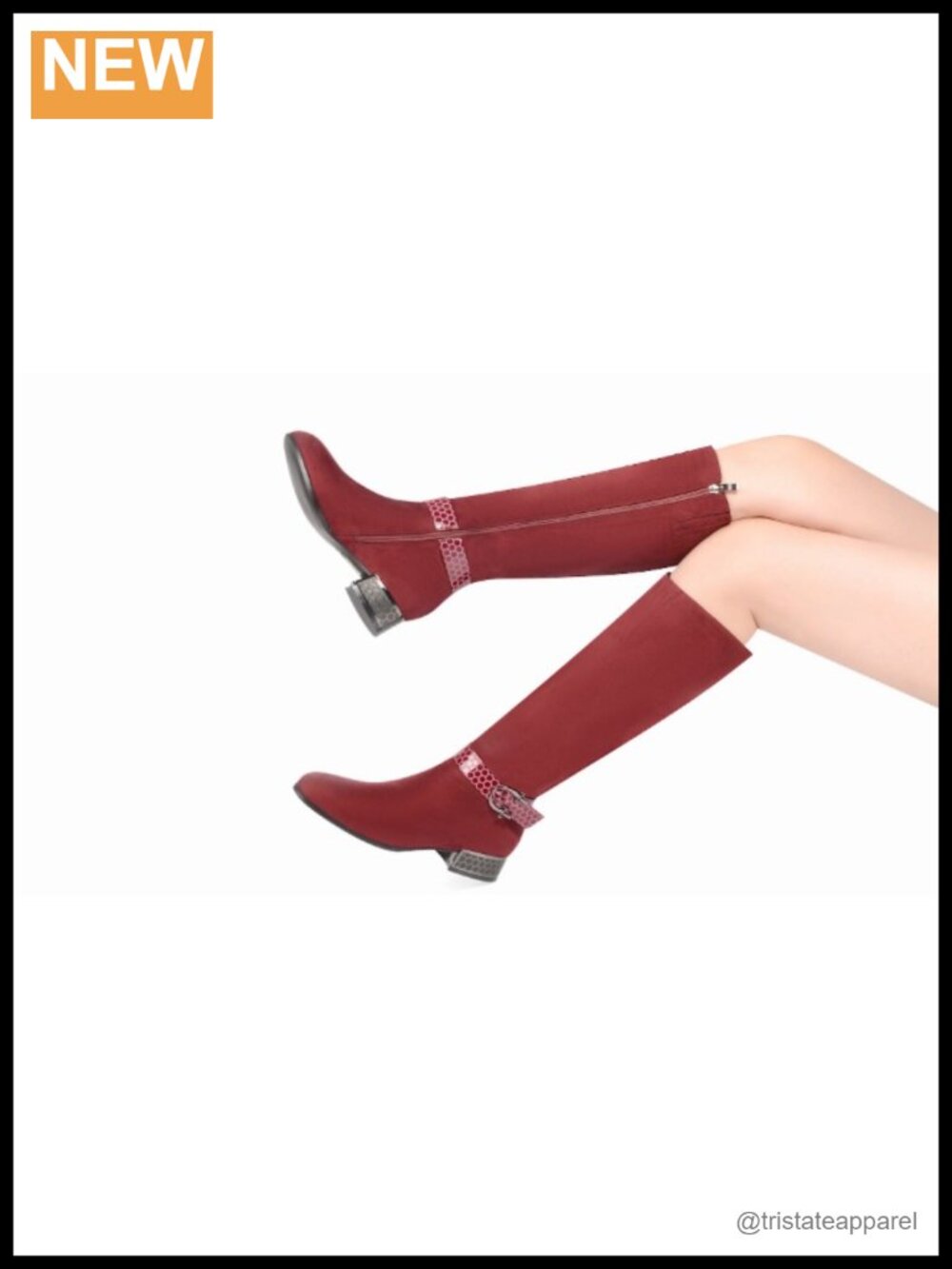 Knee High Block Heel Faux Suede Boots Beehive Patterned Straps - Picture 6 of 6